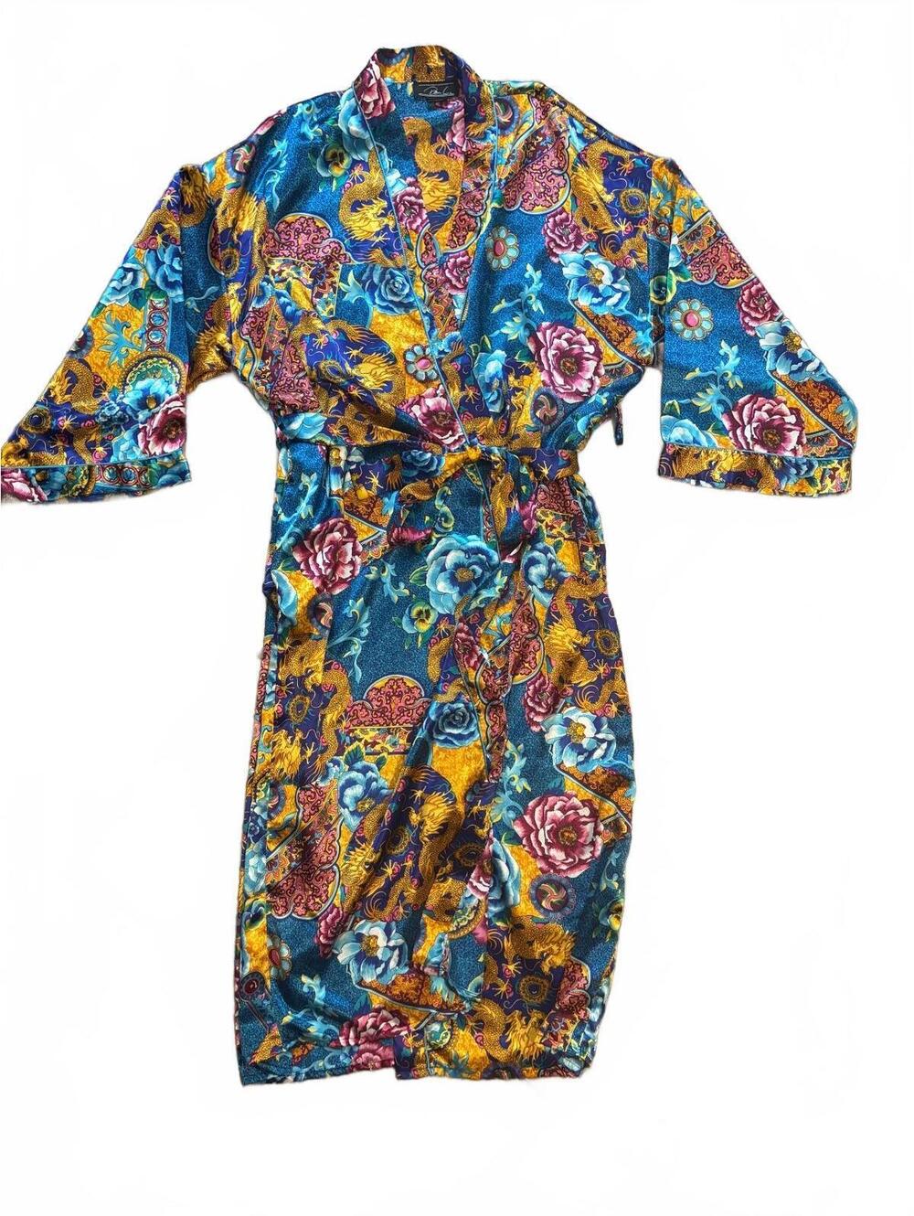 Vintage Dora L Robe M Dragon Floral Asian Print Kimono Wrap Belted Hong Kong